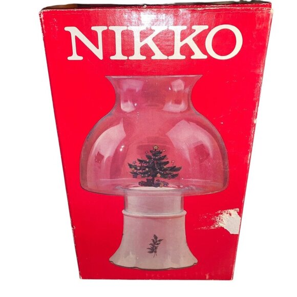 Vintage Nikko Christmas 10” Hurricane Candle Lamp Japan Christmas Tree Holly Box - Picture 1 of 8